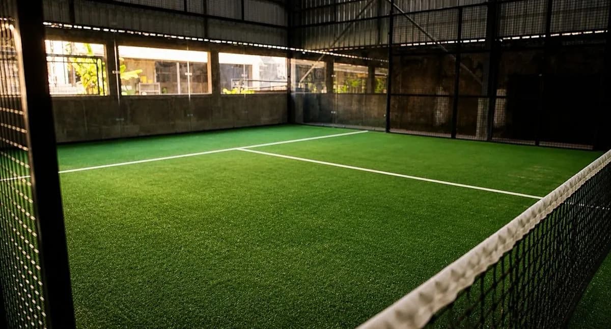 Green padel court at night at Duo Padel Canggu
